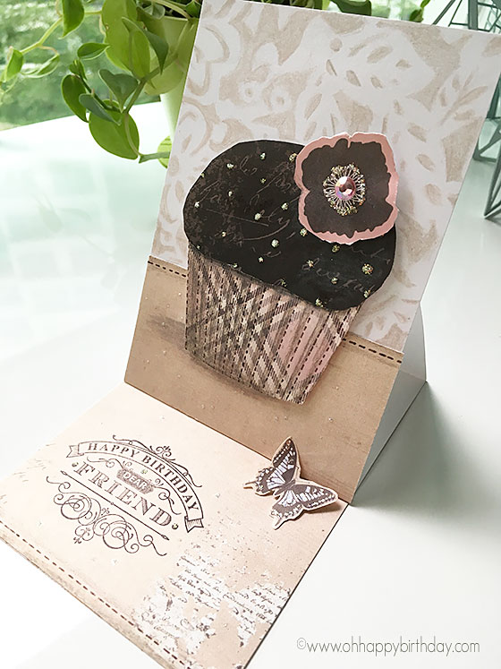 handmade cupcake birthday card - an easel card with bling and butterfly